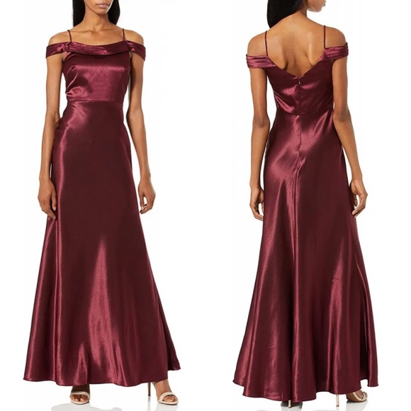 Jenny Yoo Hibiscus Serena Draped Off The Shoulder Satin Crepe Maxi Grown Dress 6 - Picture 5 of 10